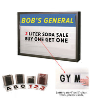 Enclosed HEAVY DUTY 72x48 Reader Board with Personalized Header is SINGLE SIDED with 300 characters included. Easily slide them in and out to update your message with Optional LED Back-Light Available