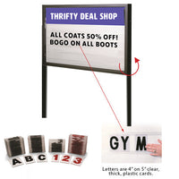 FREESTANDING Enclosed HEAVY DUTY 84x60 Reader Board with Personalized Header is DOUBLE SIDED with 300 characters included. Easily slide them in and out to update your message with Optional LED Back-Light Available (2 Posts Included)