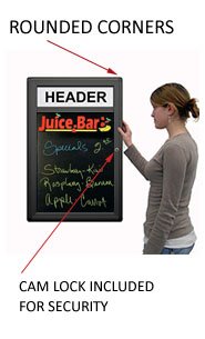 Indoor Enclosed Dry Erase Black Marker Boards | Rounded Cabinet Corners | Personalized Message Header Printed Free