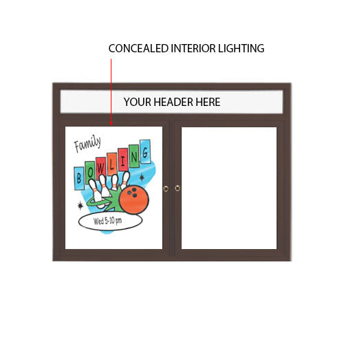 Indoor Enclosed Dry Erase Marker Board with Header and Lights (2 and 3 Doors) - White Porcelain Steel