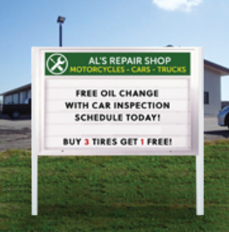 Value Line Outdoor 72 x 48 Marquee Reader Board On Two Posts with Your Personalized Message Header | Single-Sided Metal Cabinet