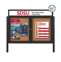 Two Door, Free Standing Enclosed Outdoor Bulletin Boards 50" x 40" with Your Personalized Message Header - Metal Cabinet + Posts