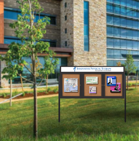 Freestanding Enclosed Outdoor Bulletin Boards 96" x 36" with Message Header and Posts (3 DOORS)