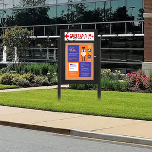 SwingCase Standing 22x28 Lighted Outdoor Bulletin Board Enclosed w Header + Posts (One Door)