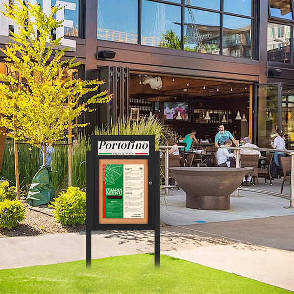 SwingCase Standing 24x36 Lighted Outdoor Bulletin Board Enclosed w Header + Posts (One Door)