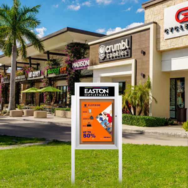 SwingCase Standing 36x36 Lighted Outdoor Bulletin Board Enclosed w Header + Posts (One Door)