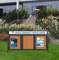 Freestanding 3 Door Enclosed Outdoor Bulletin Boards 72" x 30" Lighted w Message Header on Posts