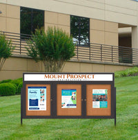 Freestanding 3 Door Enclosed Outdoor Bulletin Boards 72" x 48" Lighted w Message Header on Posts