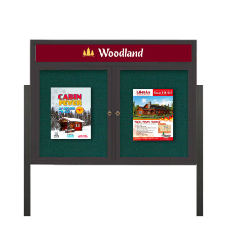 Freestanding 2 Door Enclosed Outdoor Bulletin Boards 84" x 36" Lighted w Message Header on Posts