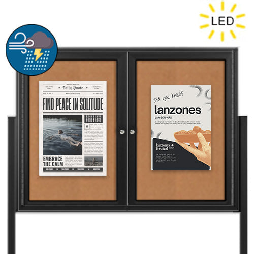 Freestanding 2 Door Enclosed Outdoor Bulletin Boards 96" x 30" with Lights + Posts