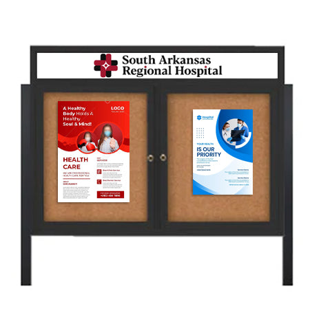 Outdoor Enclosed 40x40 Cork Bulletin Boards w Personalized HEADER (Radius Edge & Leg Posts) 2 DOORS