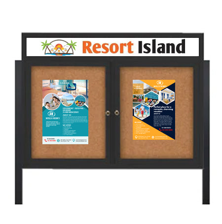 Outdoor Enclosed 40x50 Cork Bulletin Boards w Personalized HEADER (Radius Edge & Leg Posts) 2 DOORS