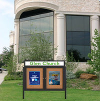 Outdoor Enclosed 72x30 Cork Bulletin Boards w Personalized HEADER (Radius Edge & Leg Posts) 2 DOORS