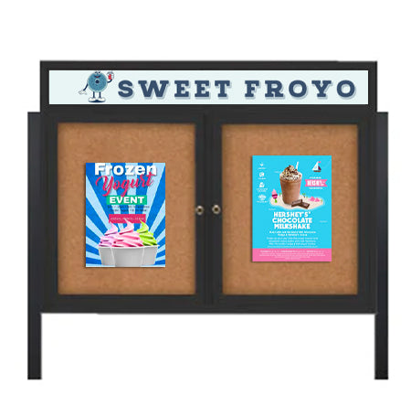 Outdoor Enclosed 84x36 Cork Bulletin Boards w Personalized HEADER (Radius Edge & Leg Posts) 2 DOORS