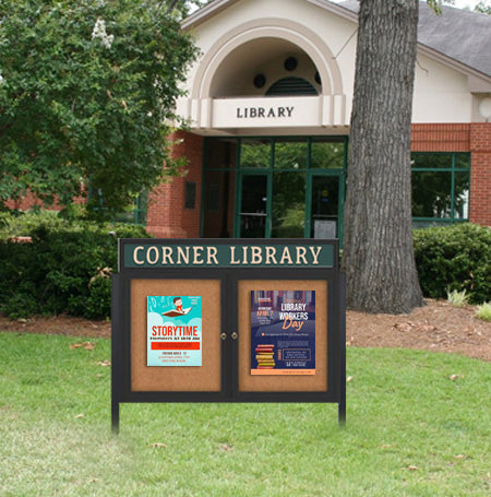 Outdoor Enclosed 84x36 Cork Bulletin Boards w Personalized HEADER (Radius Edge & Leg Posts) 2 DOORS