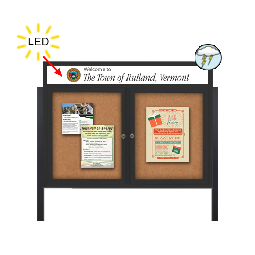 Outdoor Enclosed 40x50 Bulletin Cork Boards with ILLUMINATED HEADER (with Radius Edge & Leg Posts) (2 DOORS)