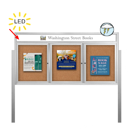 Outdoor Enclosed 84x30 Bulletin Cork Boards with ILLUMINATED HEADER (with Radius Edge & Leg Posts) (3 DOORS)