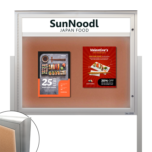 Freestanding EXTREME WeatherPLUS™ Radius Edge Outdoor Enclosed Bulletin Boards with Personalized Message Header + LED Lights | Shown in Silver Finish in Landscape Orientation