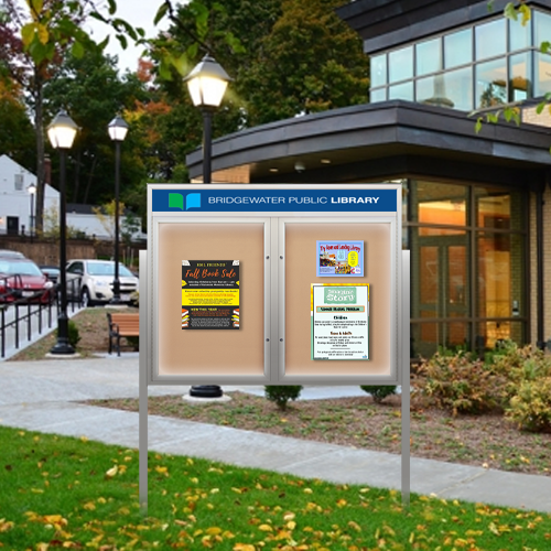 Enclosed Outdoor Bulletin Board Stands with Message Header and LED Lighting | Shown In 2 Door Frame