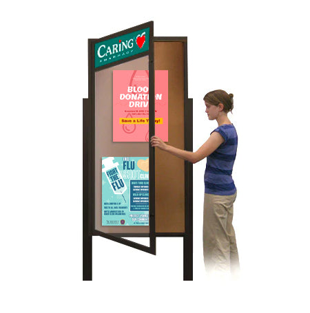 48 x 84 Extra Large Outdoor Enclosed Bulletin Board Lighted Display Case w Header and Posts (One Door)