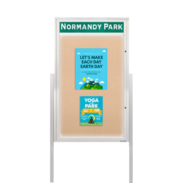 Extra Large Free-Standing Outdoor Enclosed Bulletin Board Cases with Header and LED Lights | Single Door SwingCase 15+ Metal Cabinet Sizes