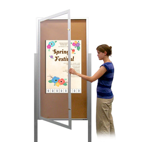 36x72 Extra Large Outdoor Enclosed Bulletin Board w Light on Posts (One-Door)