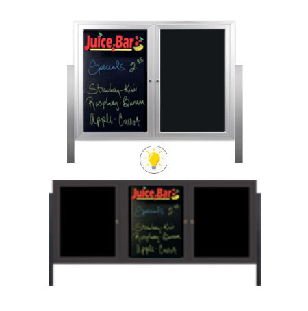 Outdoor Enclosed Dry Erase Marker Board with Posts 2-3 Doors with LED Lights + Black Magnetic Porcelain on Steel Writing Surface 35+ Sizes