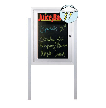Free-Standing Outdoor Dry Erase Black Board with Two Leg Posts | Magnetic Porcelain on Steel Markerboard | Metal Display Case 12+ Sizes