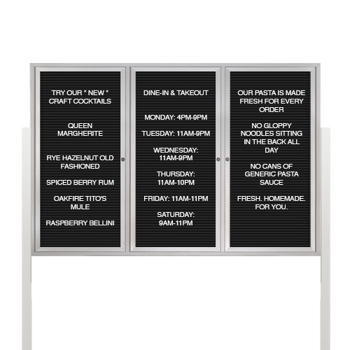 EXTREME WeatherPLUS Multi-Door Outdoor Enclosed Letter Boards with Posts | Shown in Satin Silver finish with 3 Locking Doors