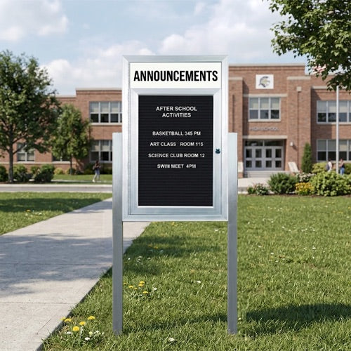 Outdoor Enclosed Letter Boards with Message Header & Posts | One Door, Metal Display Case in 10 Sizes