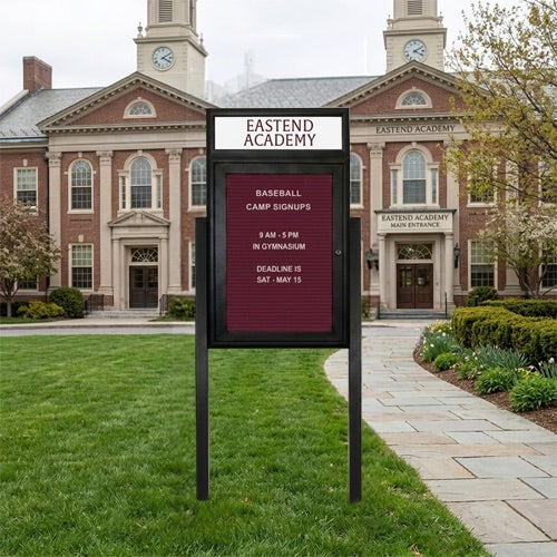 Outdoor Enclosed Letter Boards with Posts | Personalized Message Header, + Radius Edge Metal Cabinet 10 Sizes