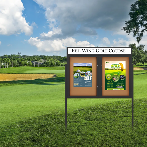 Freestanding EXTREME WeatherPlus™ Radius Edge Enclosed Outdoor Poster Cases with Custom Message Header | Shown In Black Frame Finish