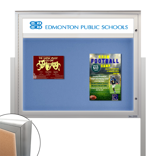 Freestanding EXTREME WeatherPLUS™ Radius Edge Outdoor Enclosed Poster Cases with Personalized Message Header + LED Lights | Shown In Landscape Orientation