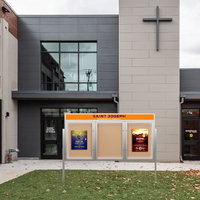 Freestanding EXTREME WeatherPlus™ Radius Edge Enclosed Outdoor Poster Cases with Message Header and LED Lighting | Shown in 3-Door Frame