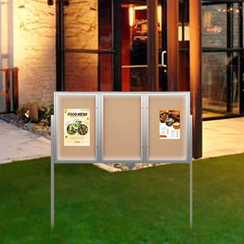 Freestanding EXTREME WeatherPlus™ Enclosed Radius Edge Outdoor Poster Cases with LED Lights | Shown In 3-Door Frame