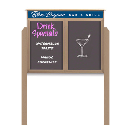 40" x 40" Outdoor Message Center - Double Door Magnetic Black Dry Erase Board with Header and Posts