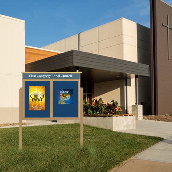 52" x 40" Outdoor Message Center Enclosed Cork Board with Header and Posts | Two Door Information Board