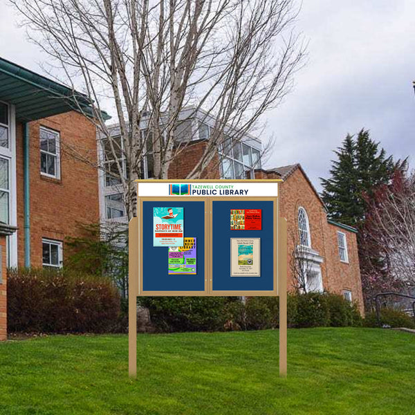 60" x 40" Outdoor Message Center on Posts, Eco-Design, Faux Wood, Two Door Information Board with Enclosed Cork Bulletin Board + Free Personalized Message Header