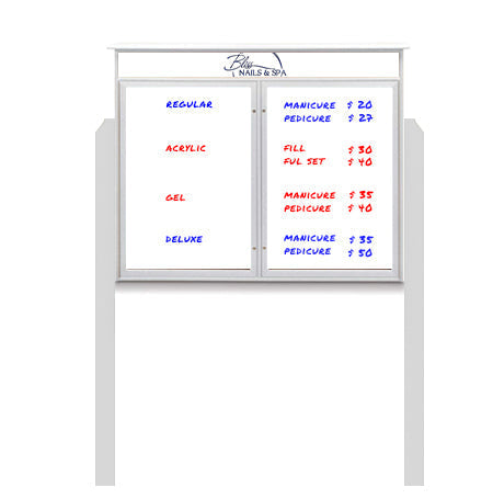 40" x 40" Standing Outdoor Message Center - Double Door Magnetic White Dry Erase Board with Header