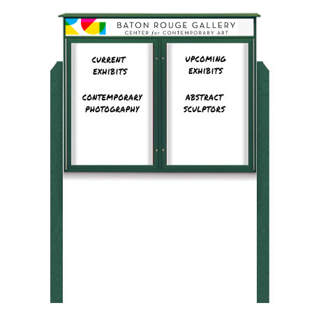 45" x 36" Standing Outdoor Message Center - Double Door Magnetic White Dry Erase Board with Header