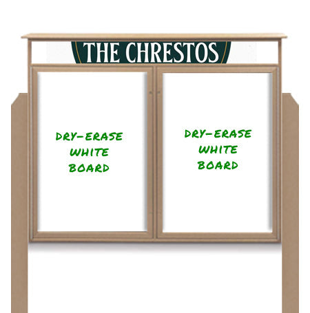 48" x 48" Standing Outdoor Message Center - Double Door Magnetic White Dry Erase Board with Header