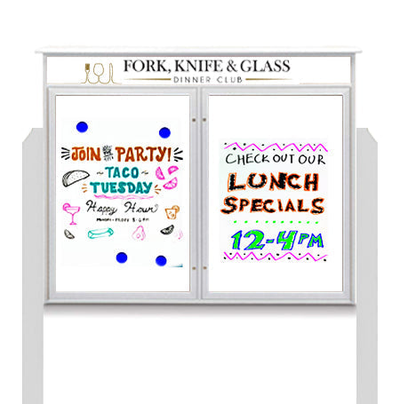 60" x 40" Standing Outdoor Message Center - Double Door Magnetic White Dry Erase Board with Header