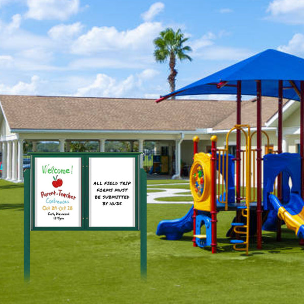 Outdoor Message Center Magnetic White Dry Erase Board - 42" x 32" | Double Door with Posts