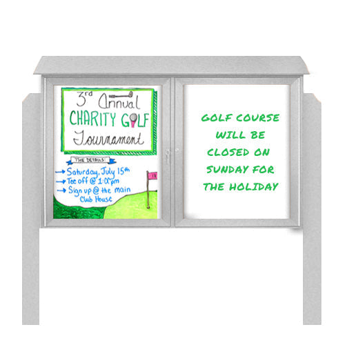 50" x 40" Outdoor Message Center - Double Door Magnetic White Dry Erase Board with Posts