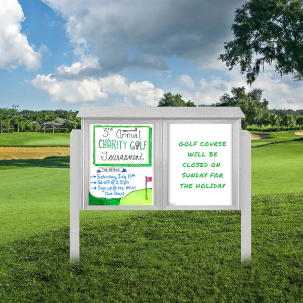 Outdoor Message Center Magnetic White Dry Erase Board - 40" x 40" | Double Door with Posts