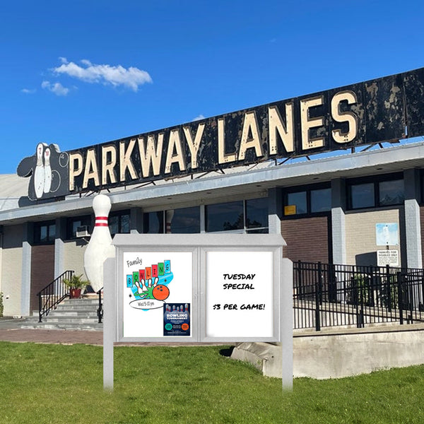 Outdoor Message Center Magnetic White Dry Erase Board - 50" x 40" | Double Door with Posts