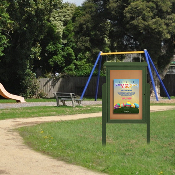 Eco-Design 24"x 30" Outdoor Message Center with Bulletin Board and Faux Wood Cabinet + Two Posts