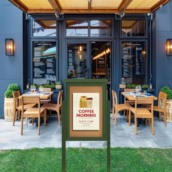 24" x 32" Outdoor Message Center Cork Board | LEFT Hinged - Single Door with Posts Information Board