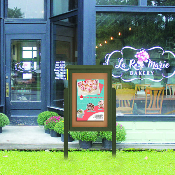 27" x 41" Outdoor Message Center Cork Board | LEFT Hinged - Single Door with Posts Information Board