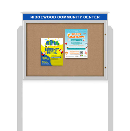 Eco-Design 20" x 30" Outdoor Message Center with Bulletin Board + Message Header | Free-Standing Faux Wood Cabinet with Posts